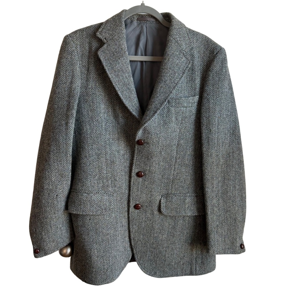 VTG Dunn & Co Harris Tweed Blazer 40R Gray Herringbone Wool Heritage England‎